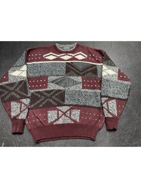 Vintage 90s Campus Abstract Geometric Sweater XL Acrylic Leather Trim Retro